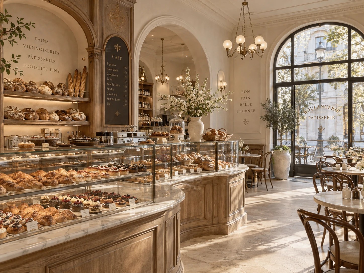 AI generated Parisian bakery with a curved marble pastry counter