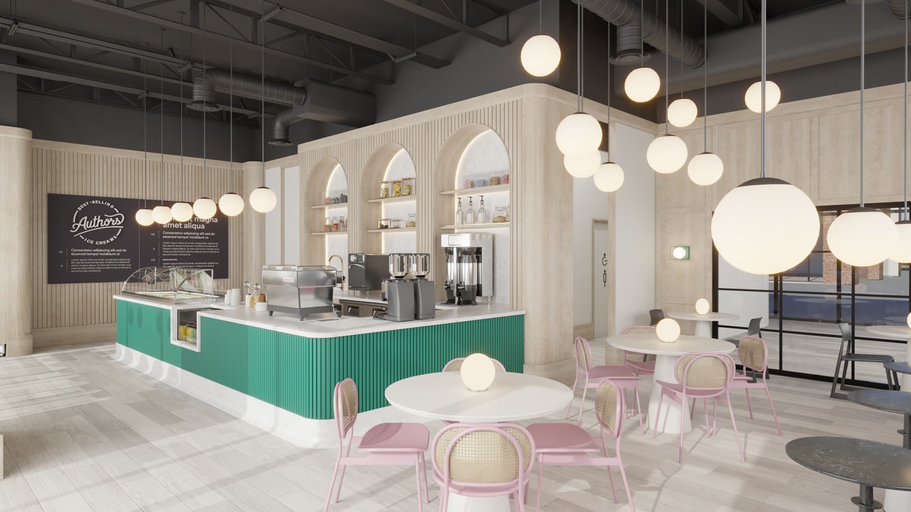 Author's Ice Cream, the green fluted counter under globe pendants with three lit arched niches behind