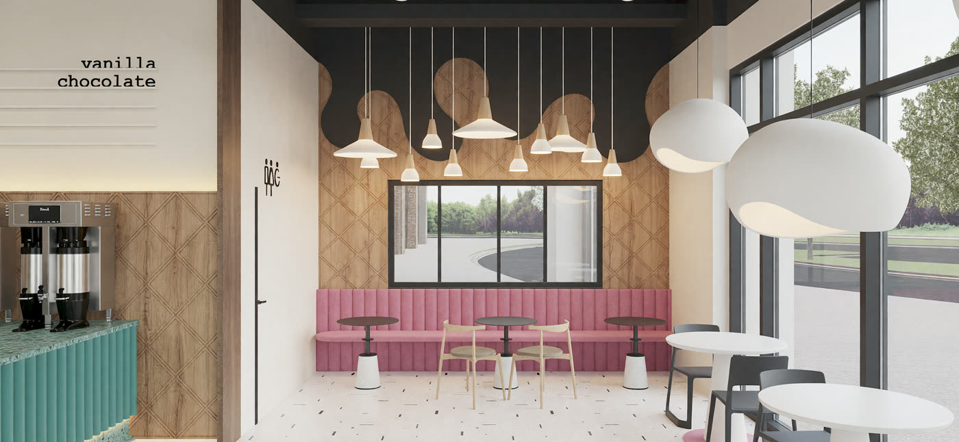 Quick lighting render 3: the parlour with the green fluted counter, rattan pendants and a terrazzo apron