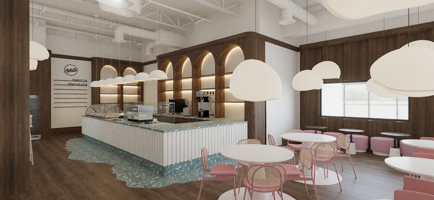 Quick lighting render 6: the parlour with the green fluted counter, rattan pendants and a terrazzo apron