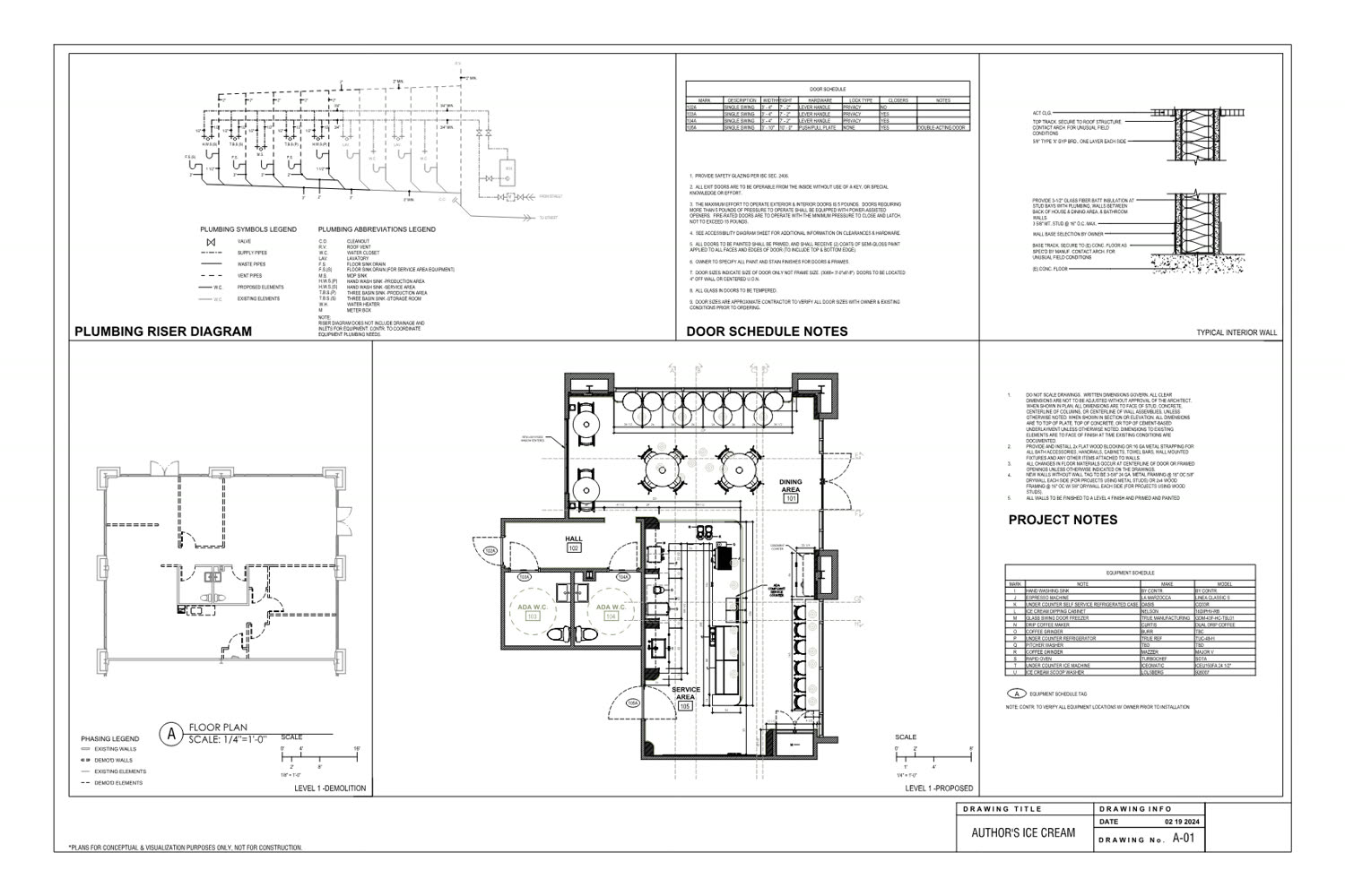 Sheet A-01: Level 1 demolition and proposed plans at quarter inch scale, with door schedule, equipment schedule, plumbing riser diagram, typical interior wall detail and project notes