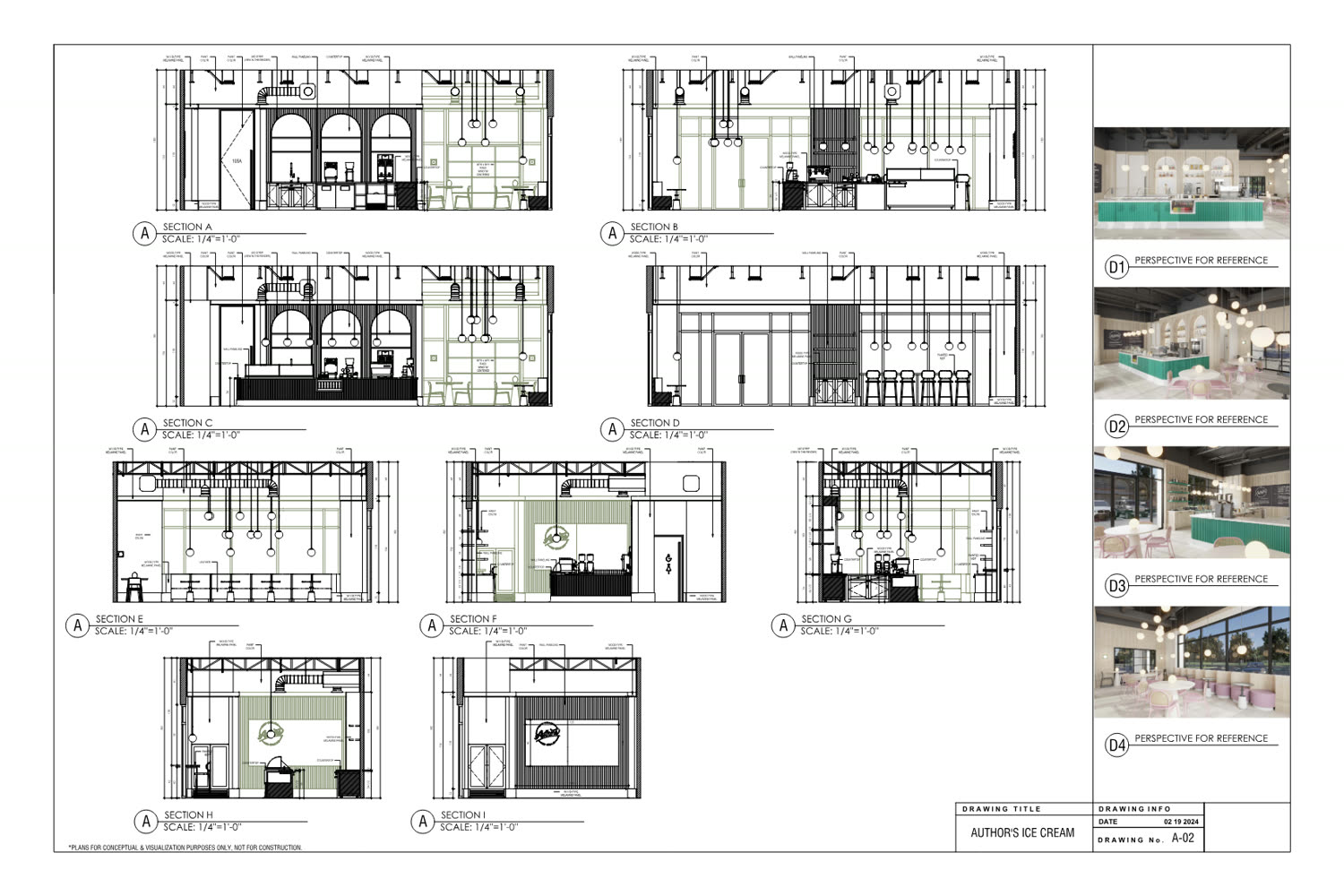 Sheet A-02: nine building sections, A through I, cut through the dining area and the service run