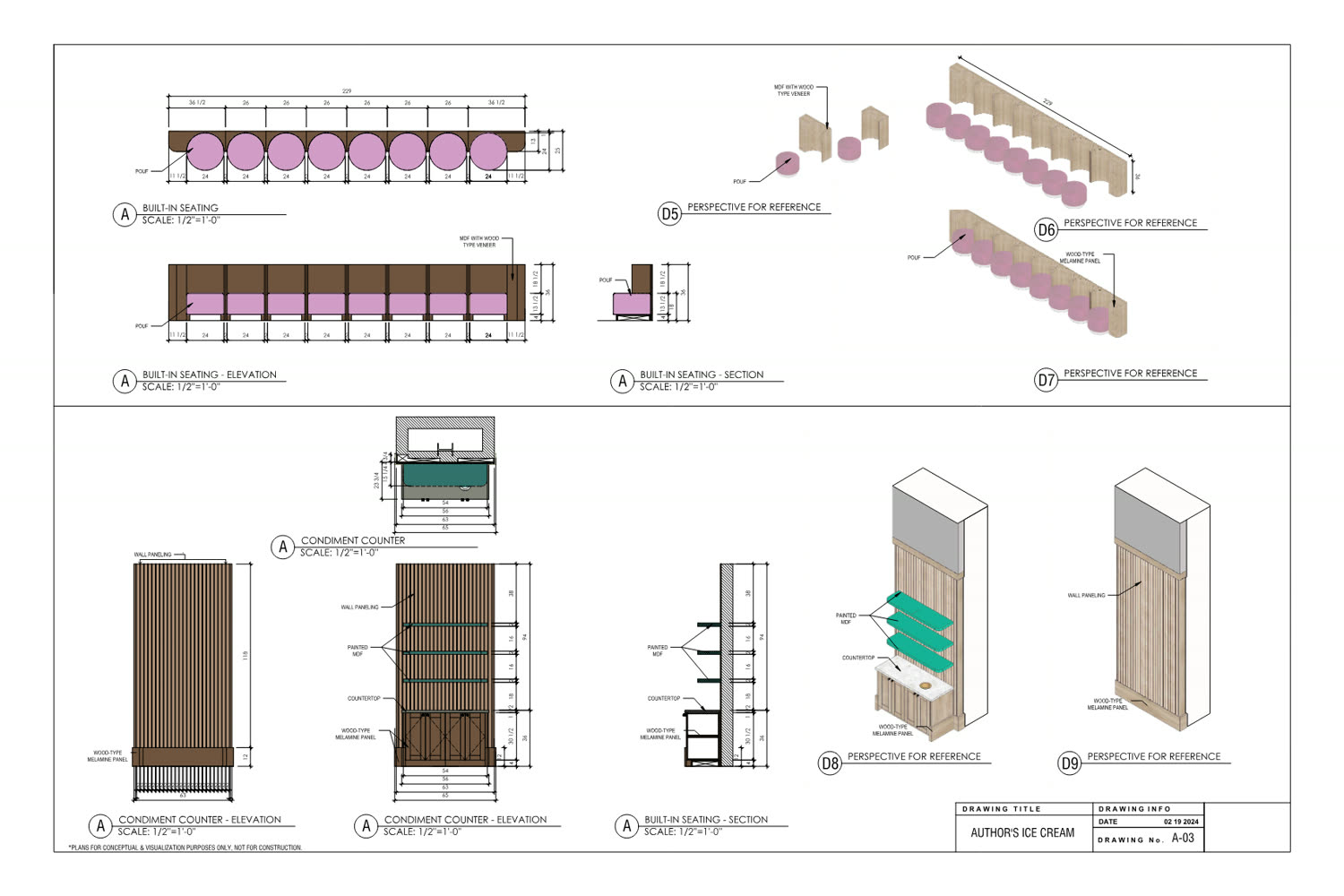 Sheet A-03: the built-in seating in elevation and section, and the condiment counter in elevation, at half inch scale