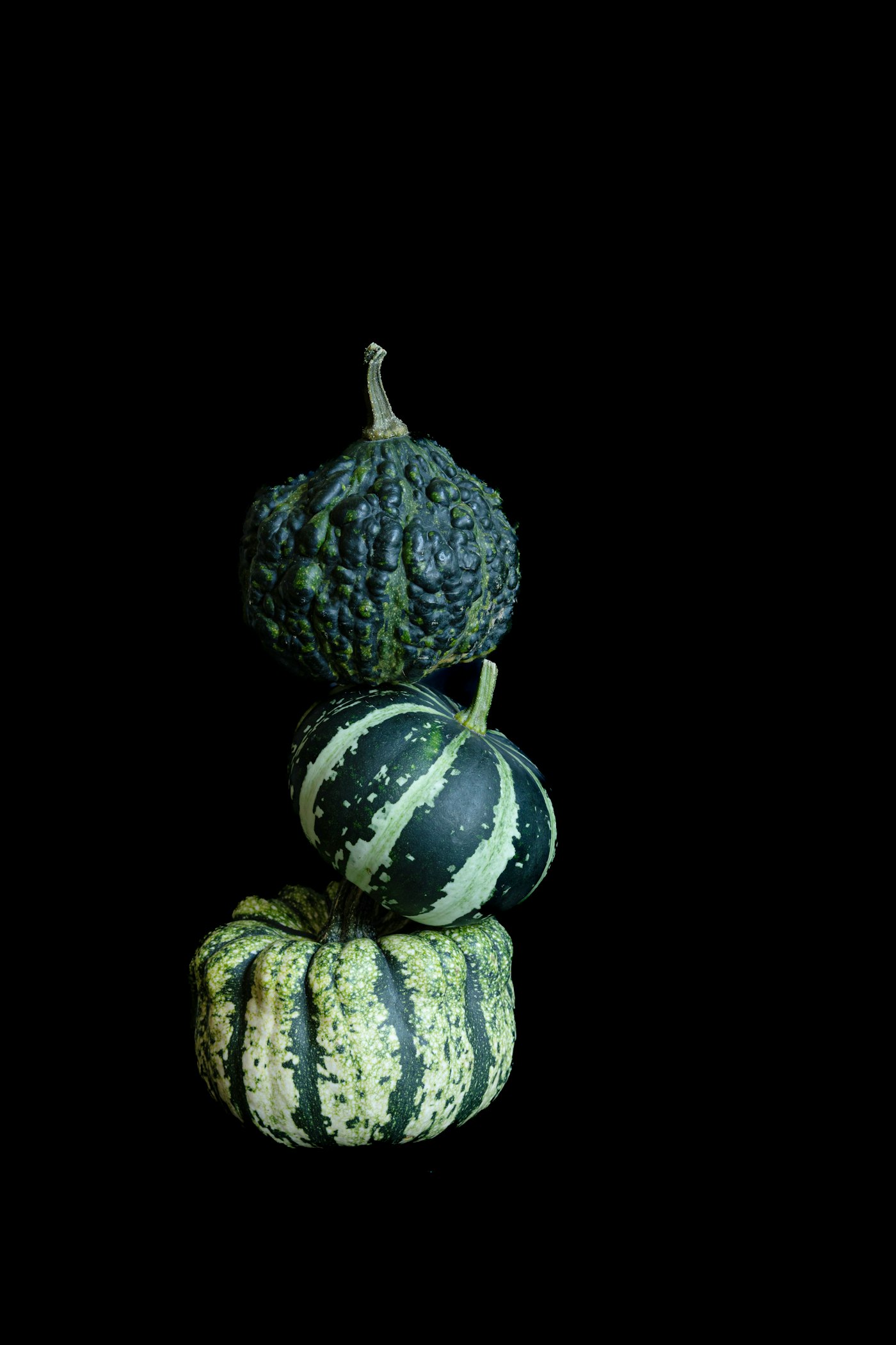 Three dark green gourds stacked on a black background, one warty, two striped in pale green