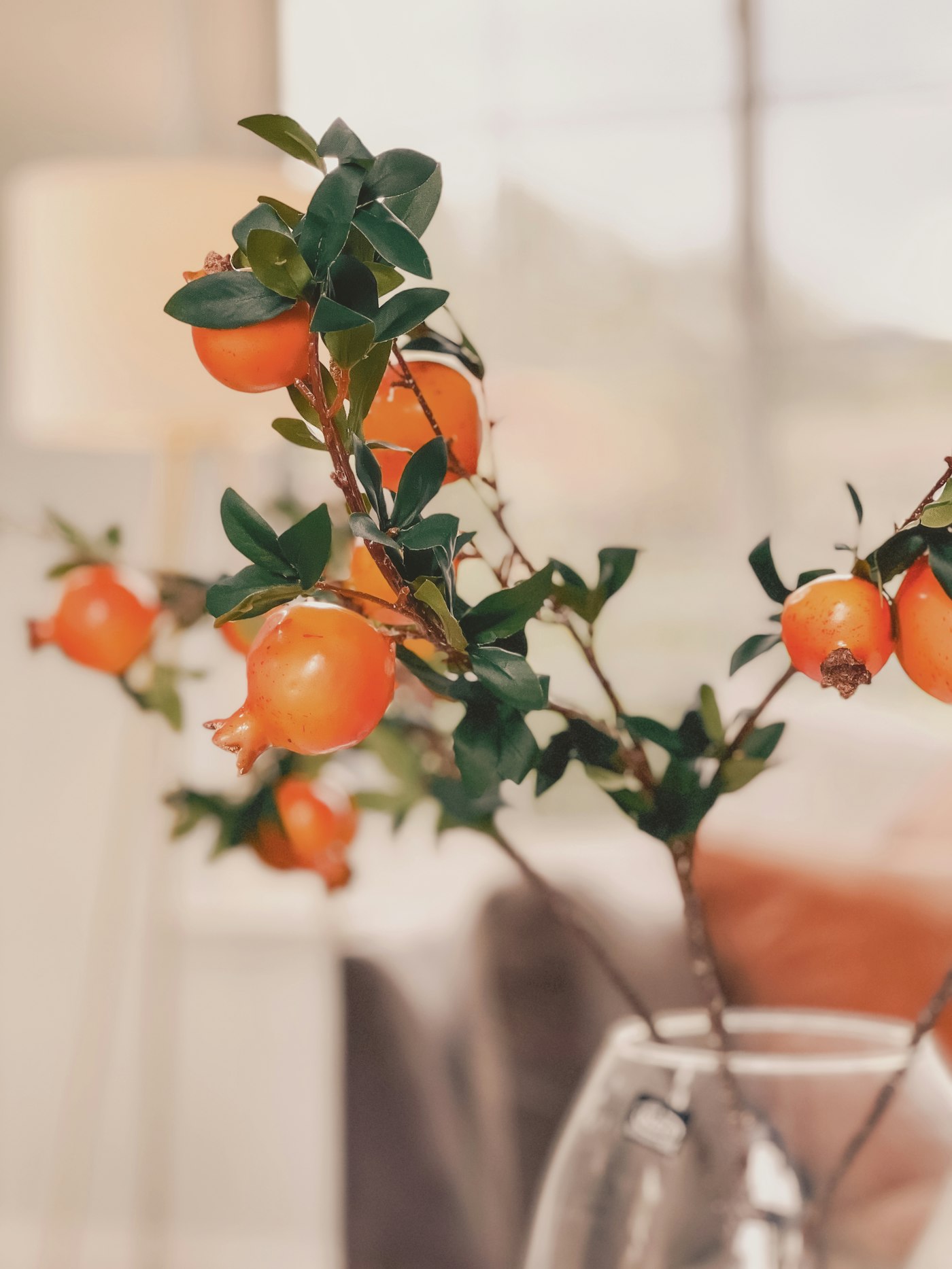 Branches with little orange pomegranates and green leaves in a clear glass vase