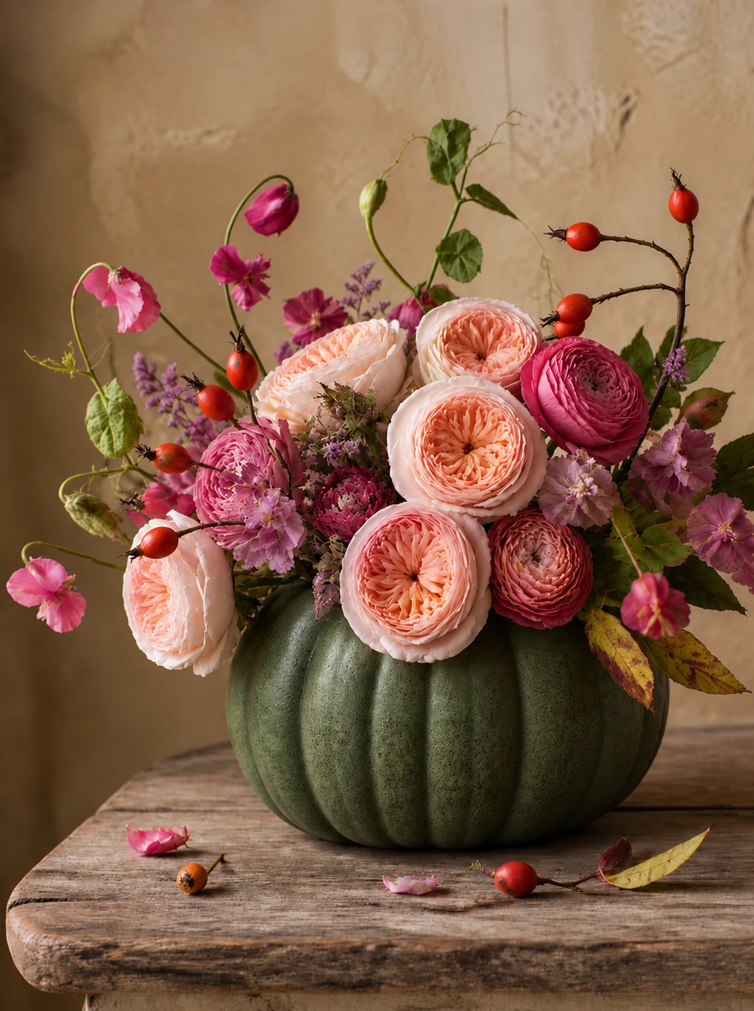 Deep green pumpkin used as a vase for peach garden roses, ranunculus, sweet peas and rose hips on an old wood table