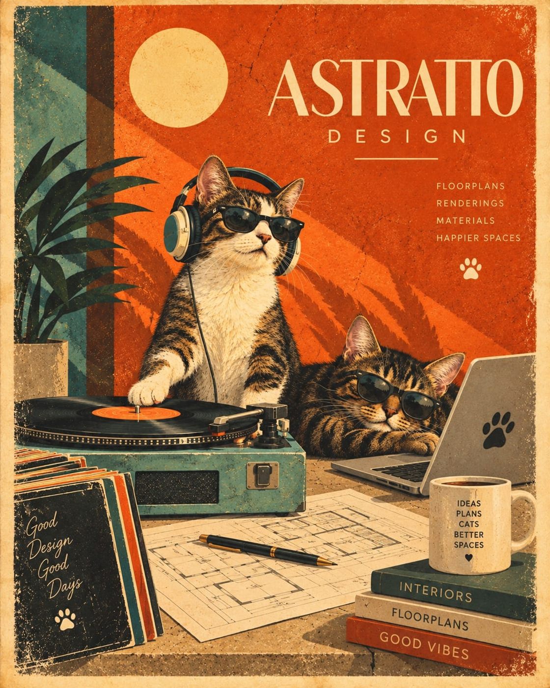 AI-illustrated retro Astratto Design poster of Pistachio and Cashew in headphones at a turntable, with floor plans and a coffee mug