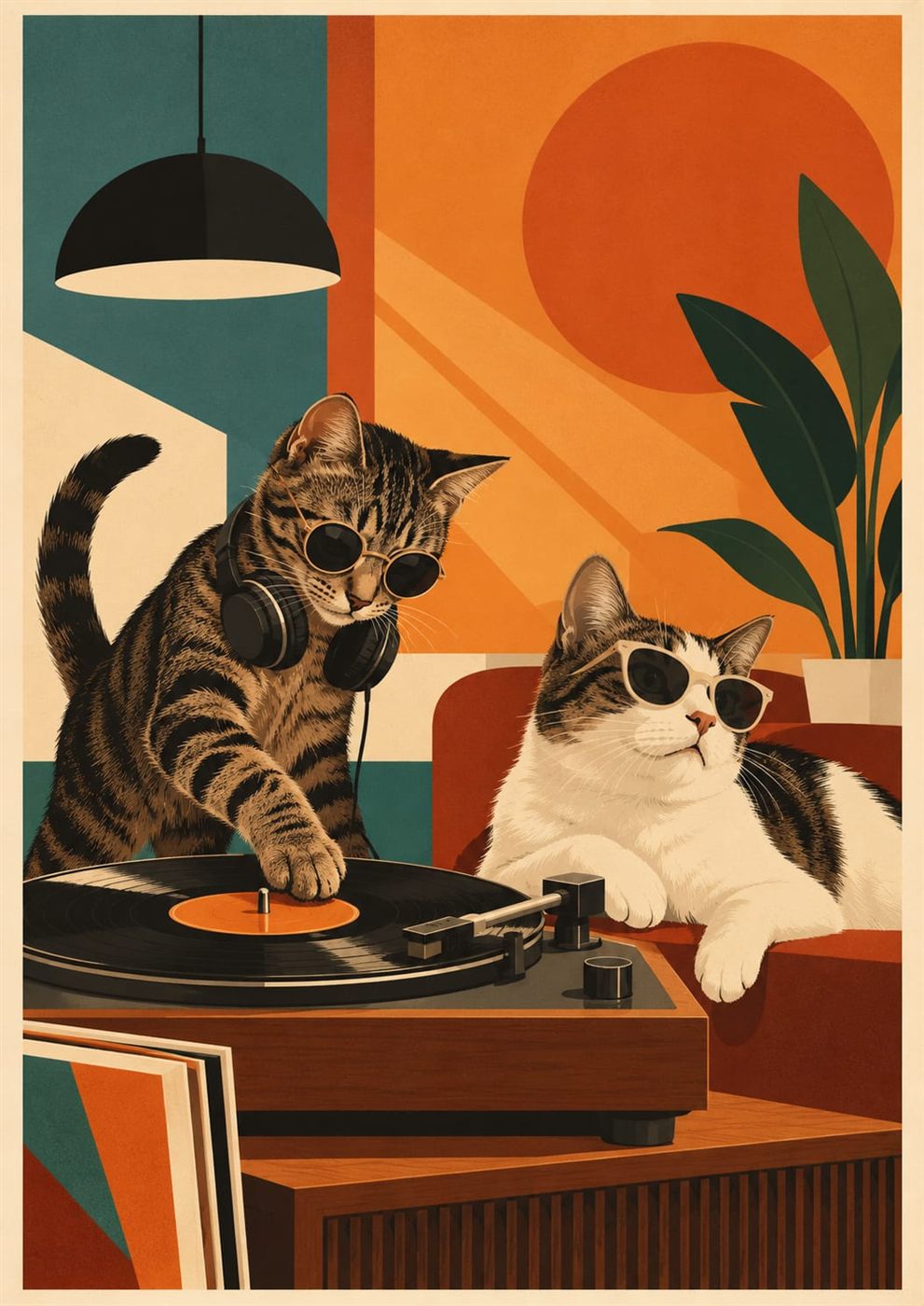 AI illustration of Cashew spinning a record in headphones and sunglasses while Pistachio lounges on an orange sofa
