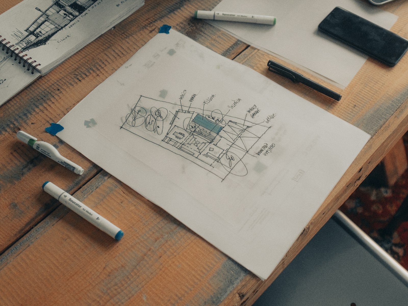 A sketched plan on a wooden desk with markers and a laptop