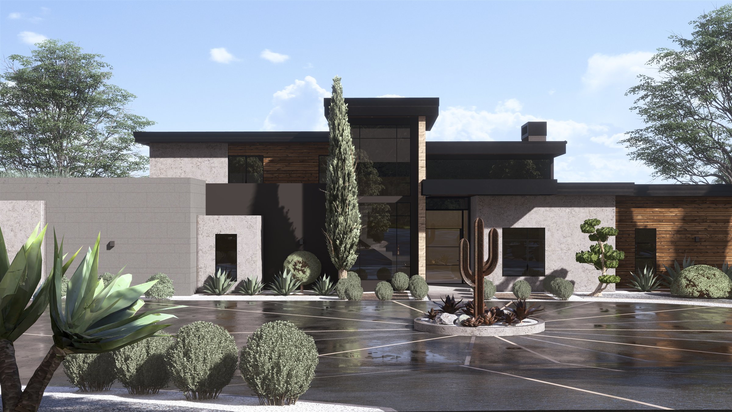 Casa Saguaro: a low modern desert house in stone and timber seen across a radial forecourt, with agaves in the foreground and a steel cactus sculpture in a circular planter
