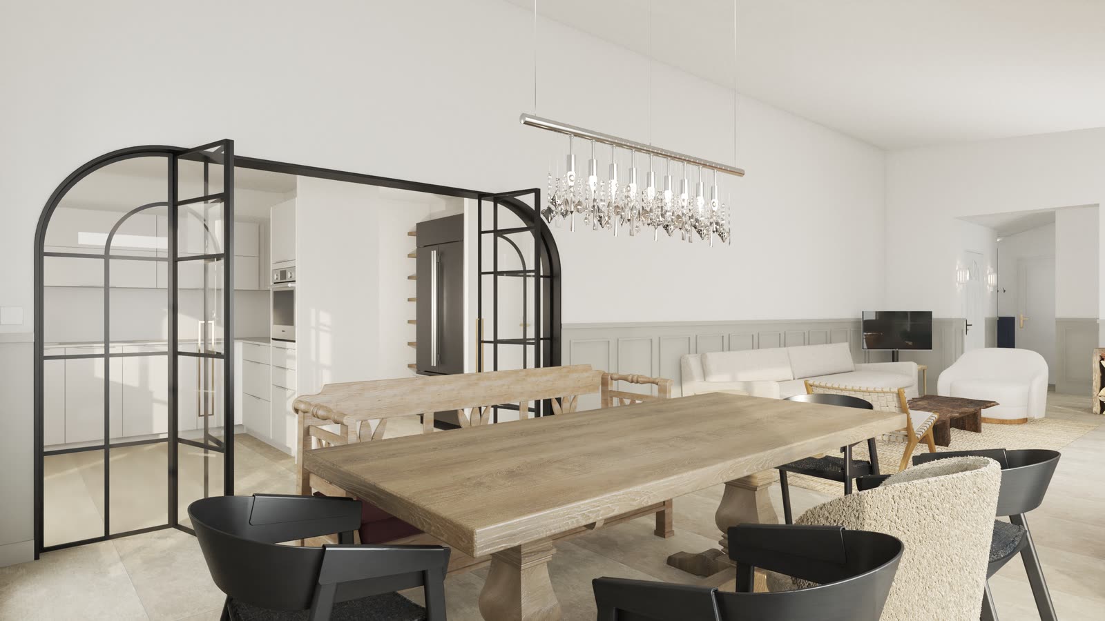 Apartment in France, the dining room rendered through a black steel arched screen