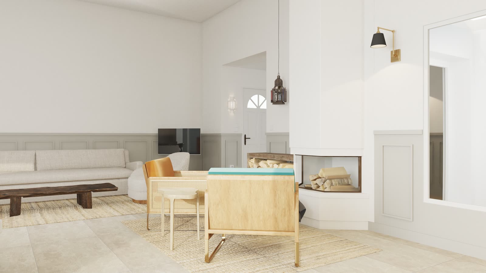 Apartment in France, the living room and corner fireplace, rendered