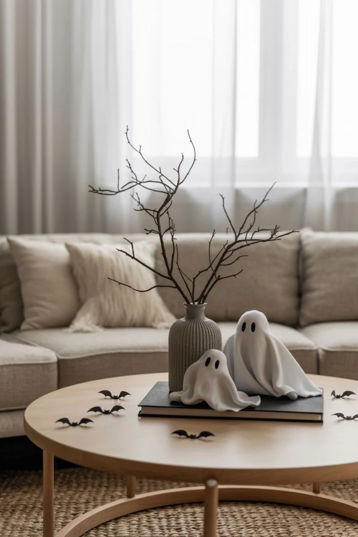Two little cloth ghosts on a book with a branch in a vase and paper bats on a round coffee table