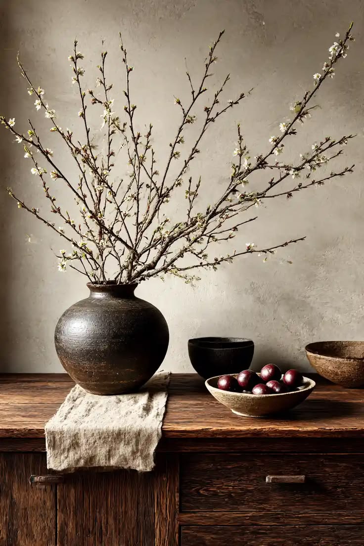 A dark round stoneware vase with bare flowering branches, a small black bowl and a wood bowl of plums on a linen runner on an old wood dresser