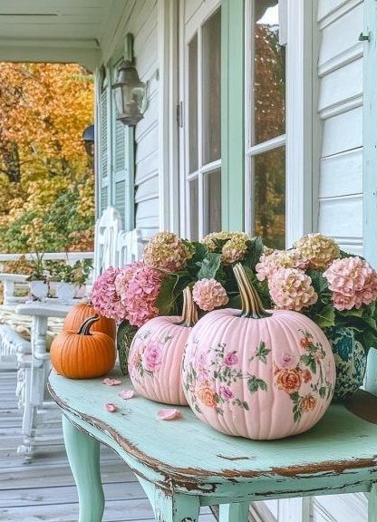 Pink pumpkins hand painted with roses next to pink hydrangeas on a chippy mint table on a porch