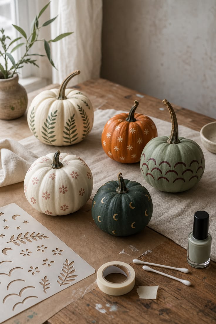 Five mini pumpkins stenciled with ferns, little flowers, stars, moons and scallops, a stencil sheet, nail polish and cotton swabs beside them