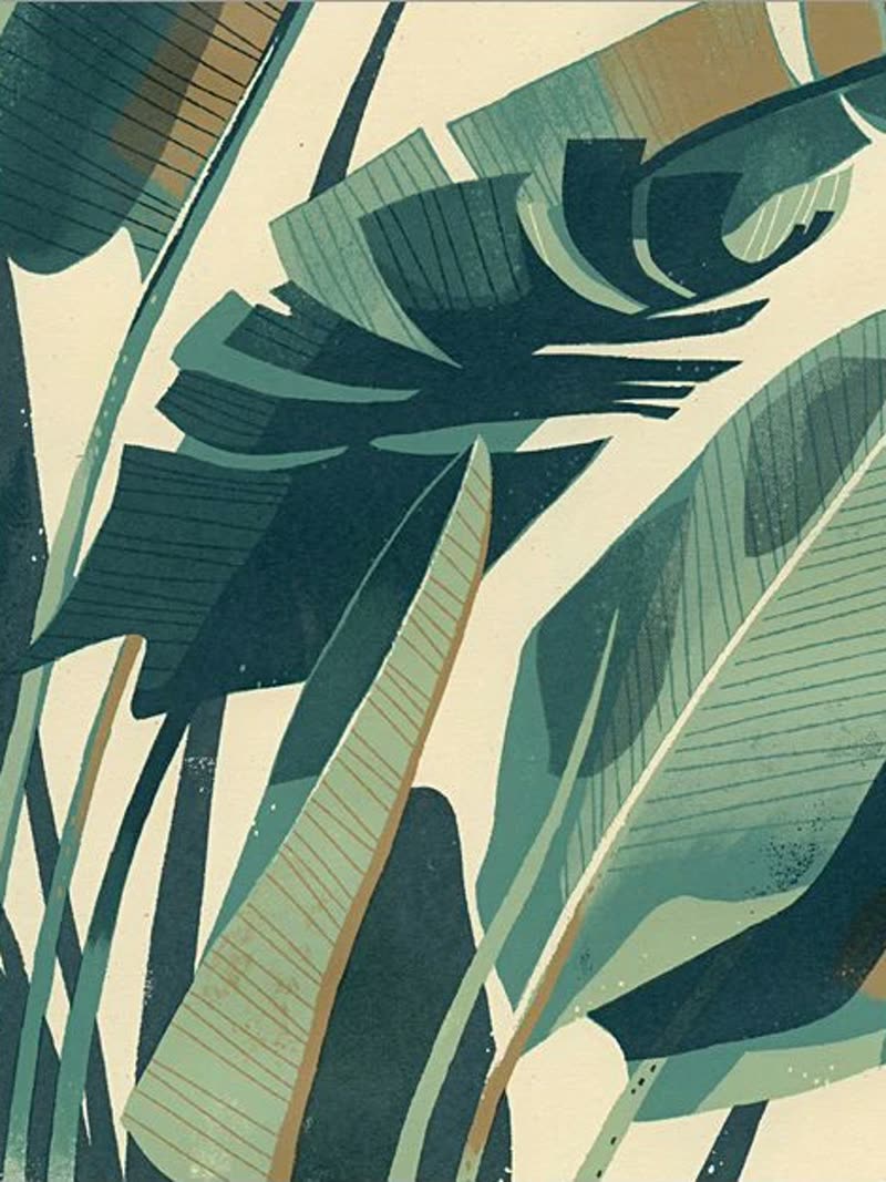 The reference the client ruled out: textured, more naturalistic banana leaves in earthy greens