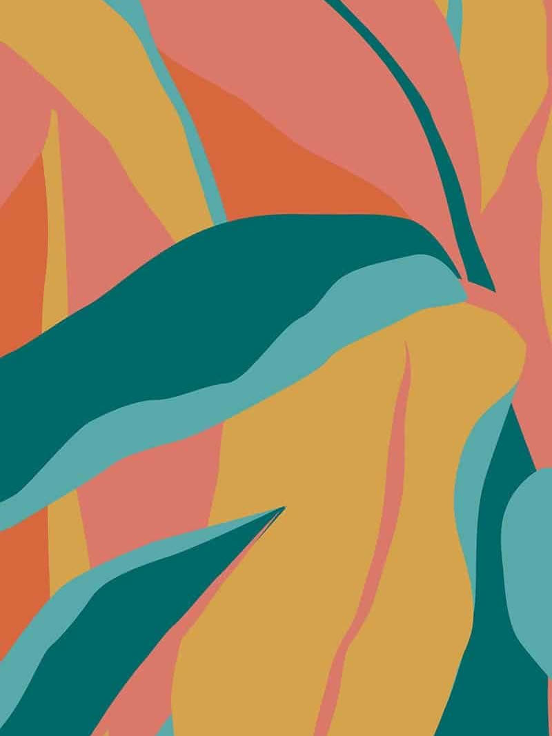 The reference the client wanted: flat graphic palm leaves in coral, teal and mustard with no shading