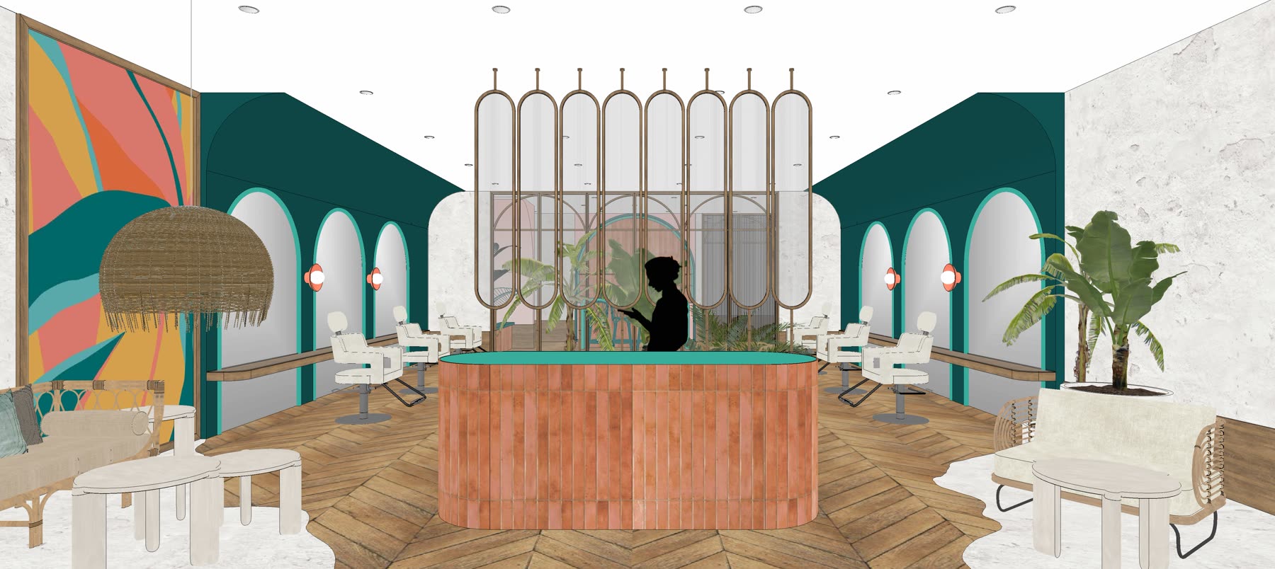 Oasis large store, first round option one: a teal and terracotta salon with an arched screen behind a fluted reception bar