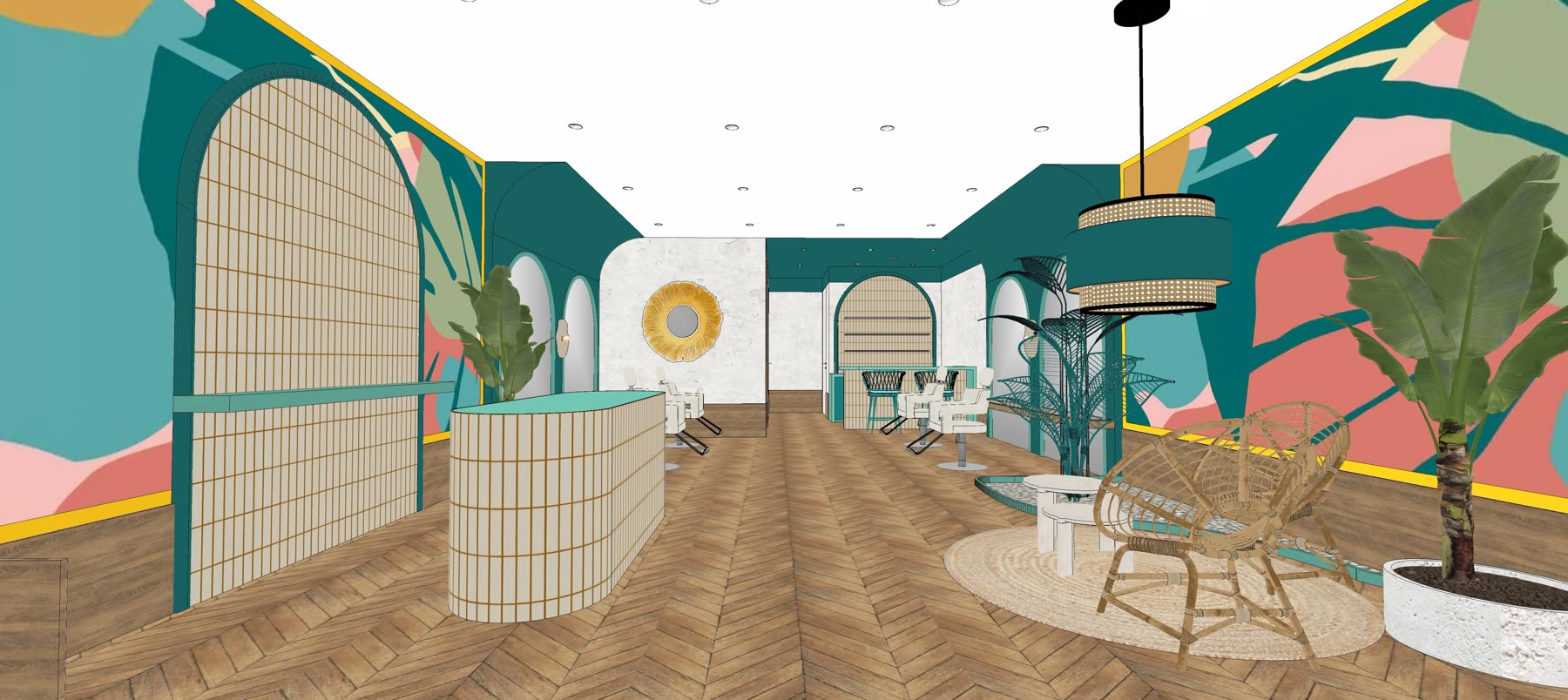 Oasis small store, first round: arched treatment bays in teal with a curved timber counter
