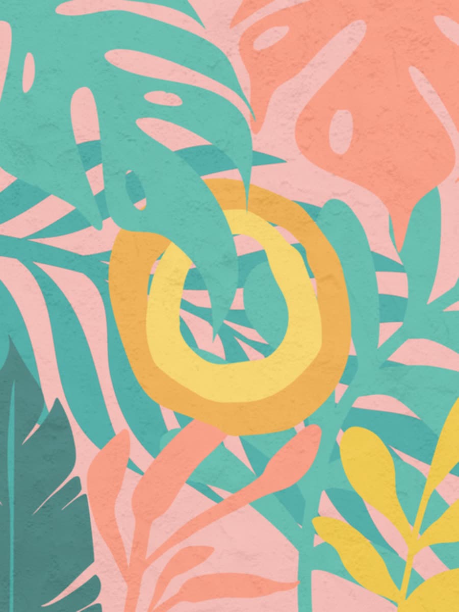 The mural artwork prepared for production: cut paper monstera and palm leaves in teal, coral, blush and yellow on plaster, with a yellow sun ring at the centre
