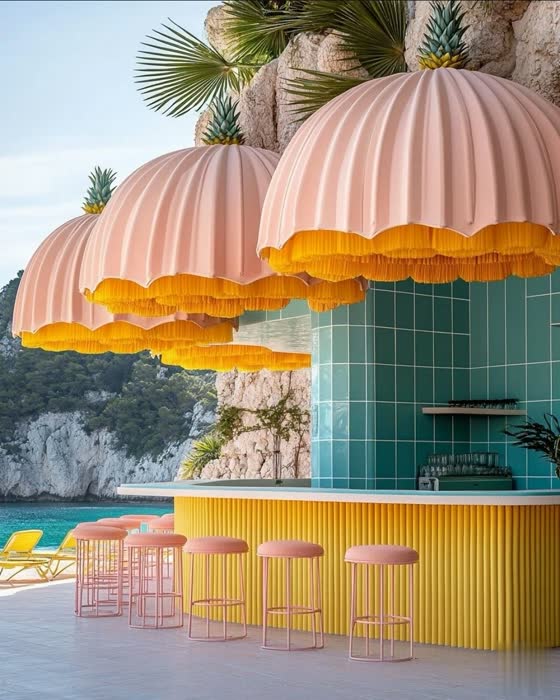 A beach bar with scalloped pink umbrellas over a fluted yellow counter and green tile