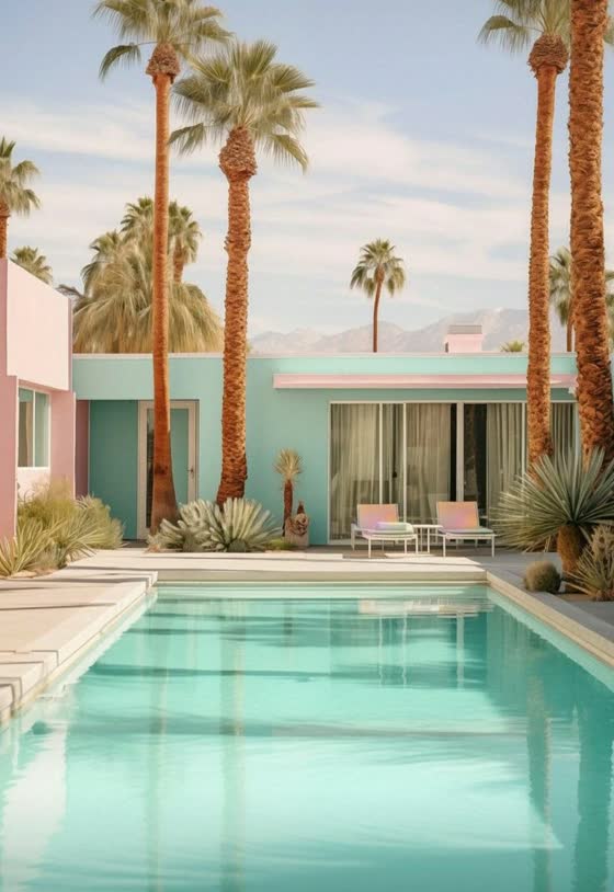 A pastel pool house in mint and pink behind a turquoise pool and palms