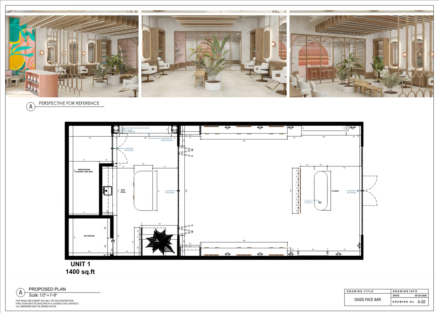 Drawing A-02 for the large store: the proposed plan, fully dimensioned