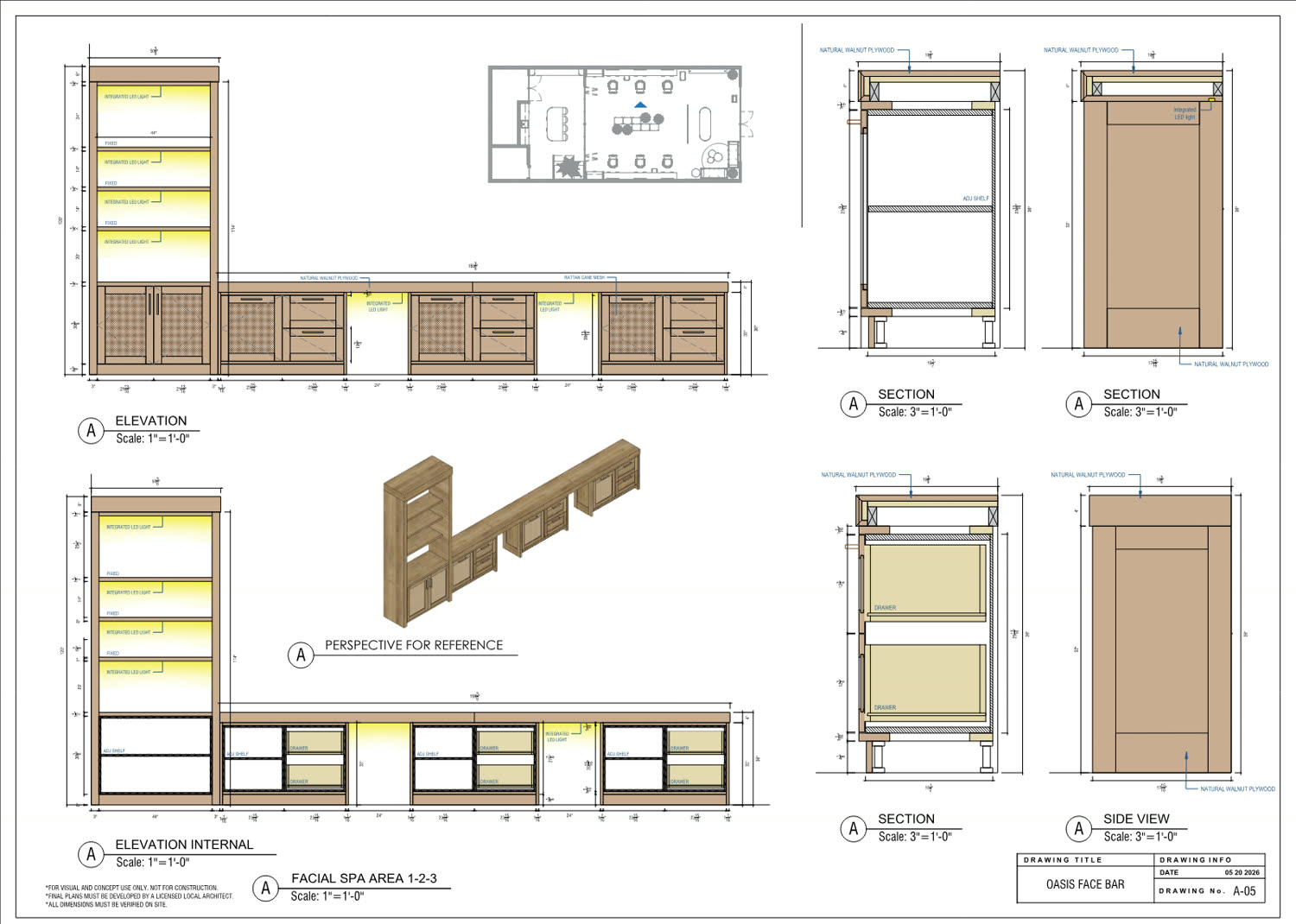 Drawing A-05 for the large store: millwork elevations and four sections at three inch scale for the facial spa cabinetry, materials called out on leaders
