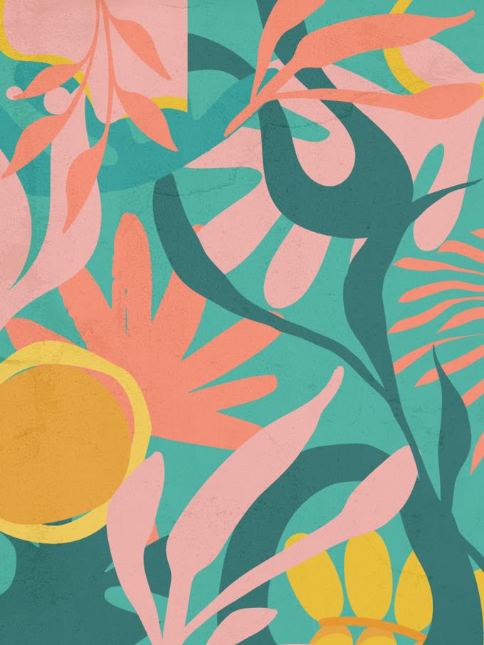 Wall covering study 1, cut paper botanicals in the Desert Sunset palette