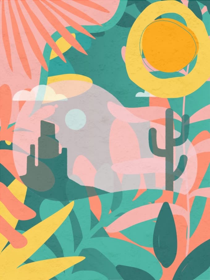 Wall covering study 4, cut paper botanicals in the Desert Sunset palette