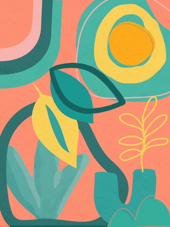 Wall covering study 6, cut paper botanicals in the Desert Sunset palette