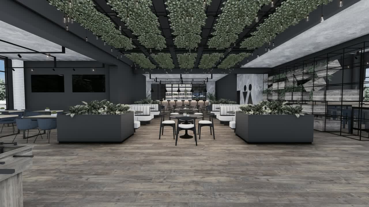 The food hall: white chairs at round tables under a ceiling of hanging planting, a wall of timber crate shelving, glass onto the courts