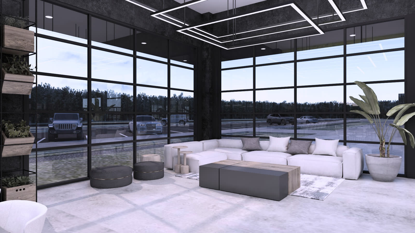 The lounge: white sofas on a gray floor in front of a glass wall onto the courts