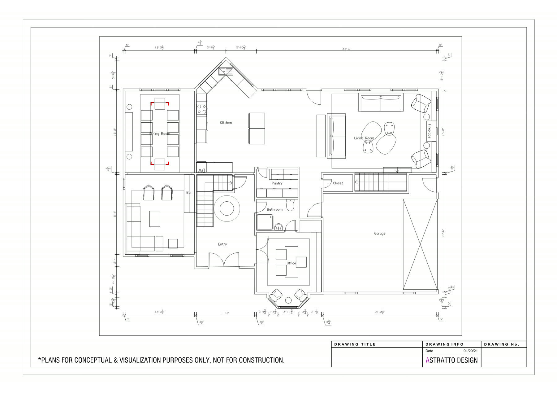Dimensioned main floor plan showing kitchen, dining, living, entry, office and garage with furniture layout