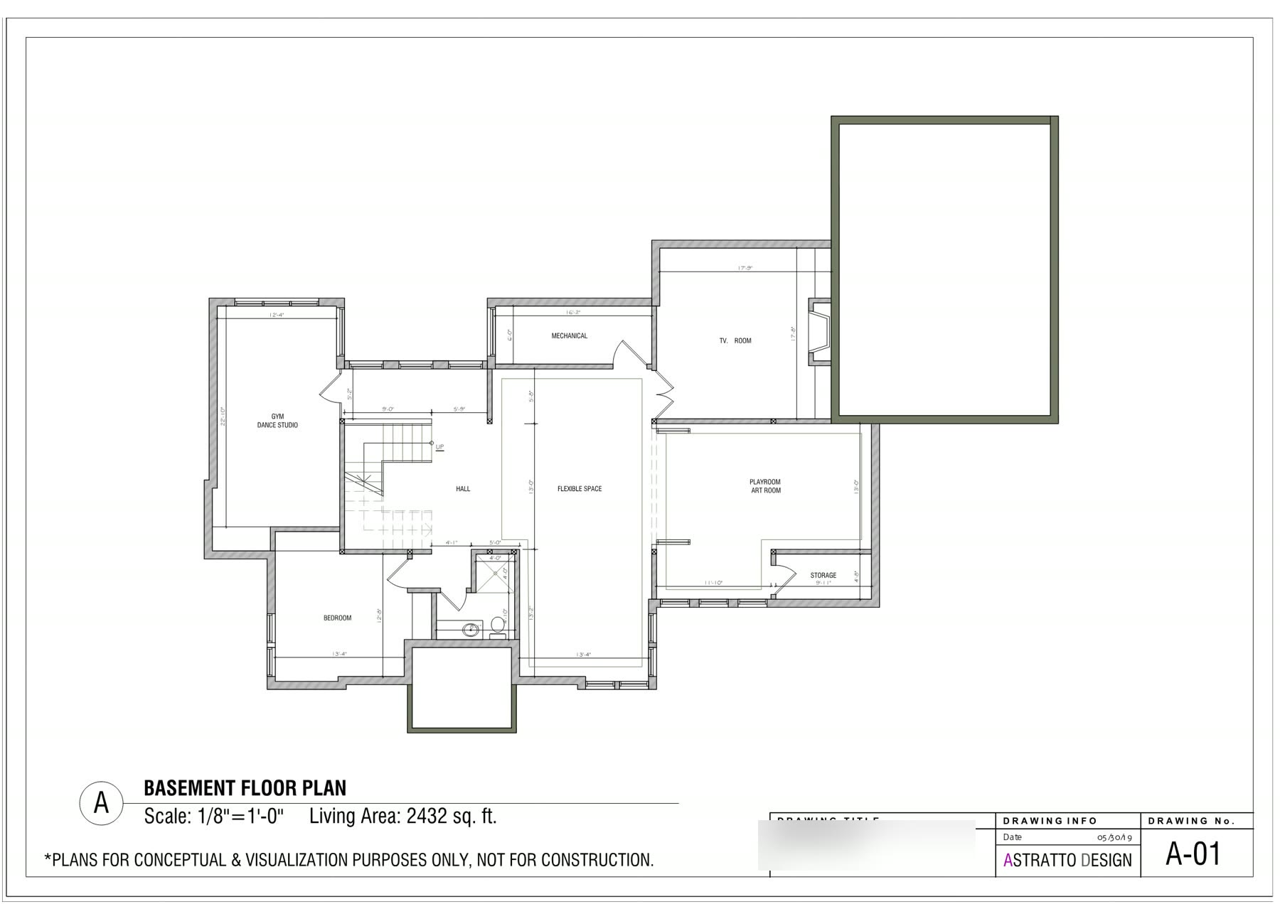 Basement floor plan at one eighth inch scale, 2432 square feet, with gym, playroom, flexible space and mechanical
