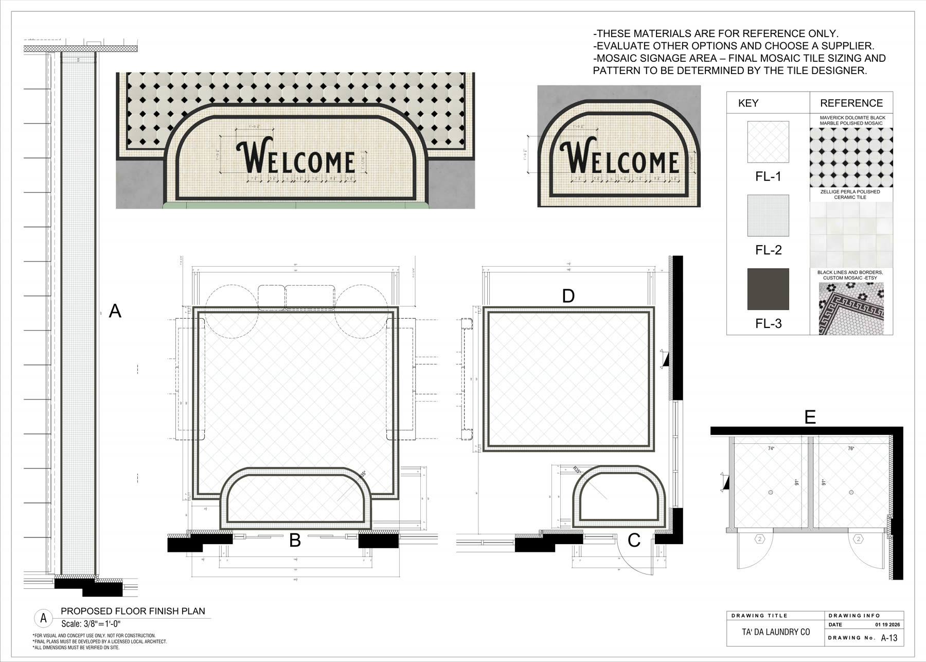 Proposed floor finish plan with a mosaic welcome inlay detail and a three way finish key