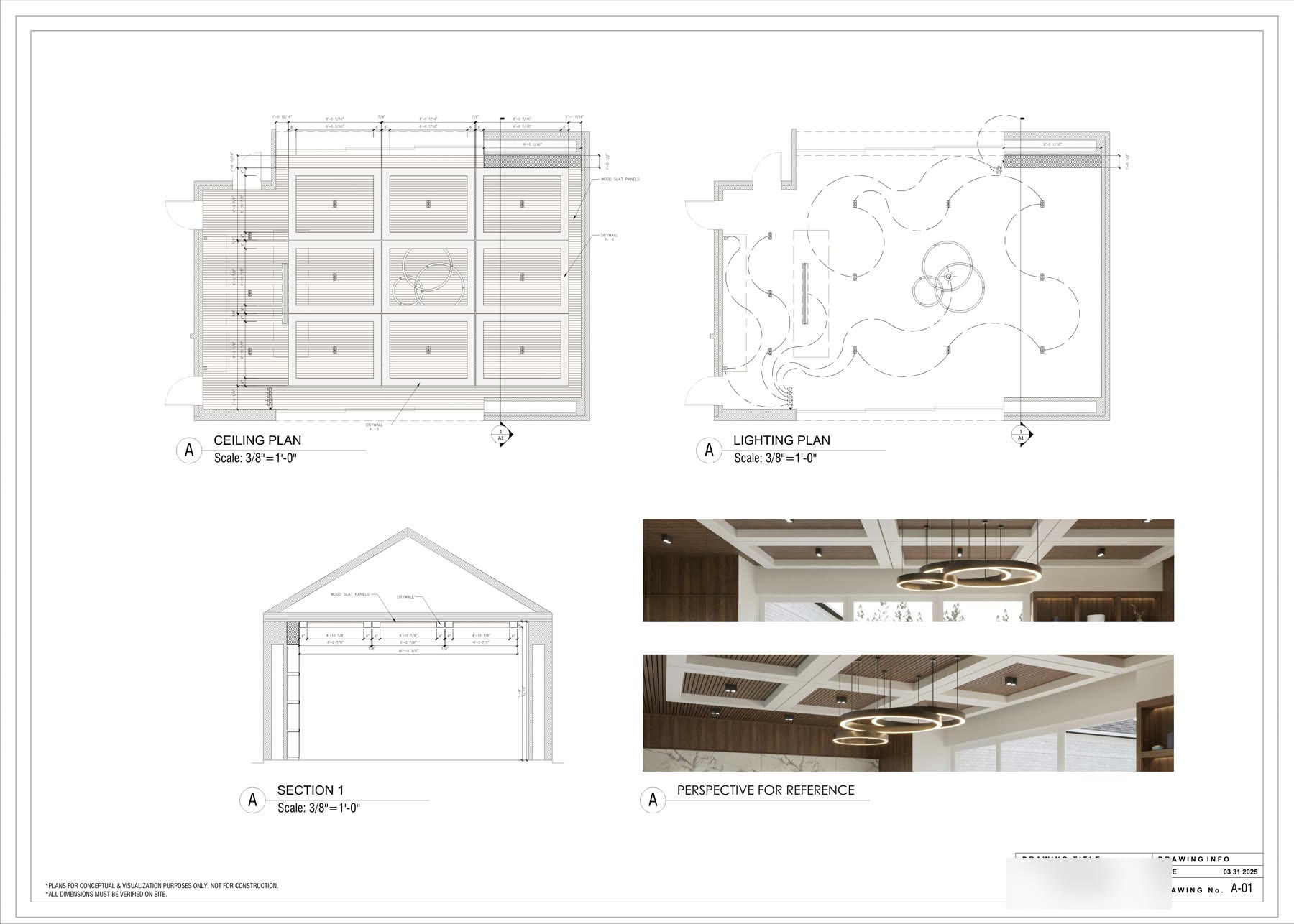 Reflected ceiling plan and lighting plan with a coffered ceiling section and two reference perspectives