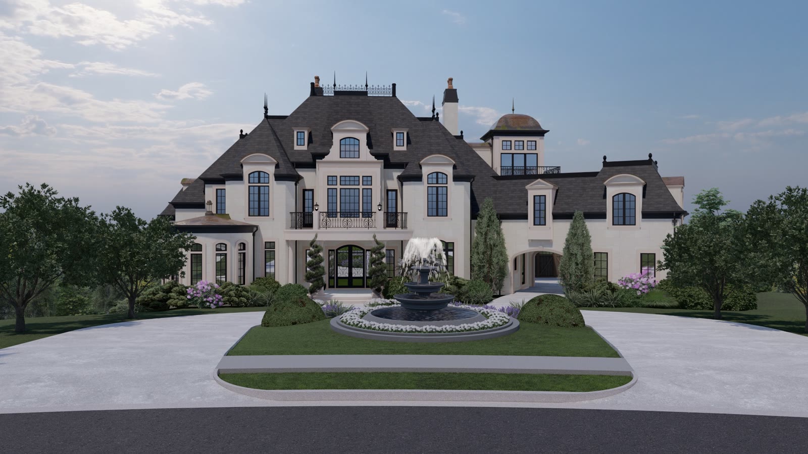 A large French style house seen from the turning circle: a slate mansard roof, dormers, and a stone fountain on the lawn in front