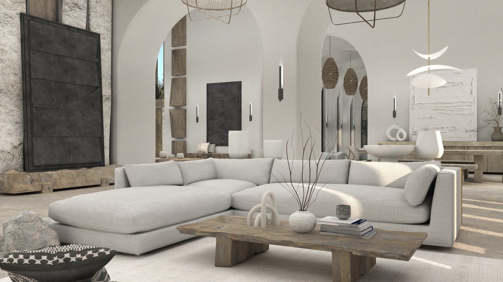 Rendering of a Japandi living room with a low linen sofa and a carved wood coffee table