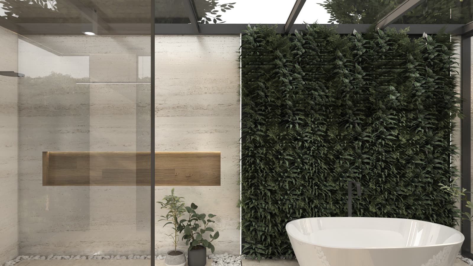 A planted bath: green tile, brass and a freestanding tub