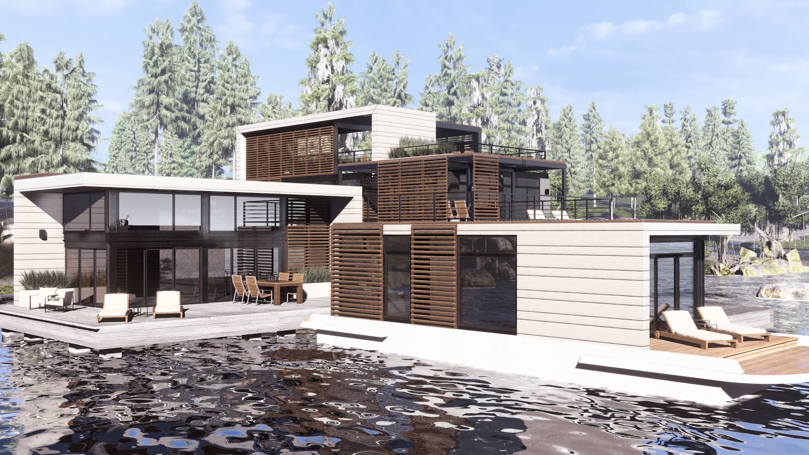 Seattle Dock House, lakefront modern home with terraces stepping down to the water