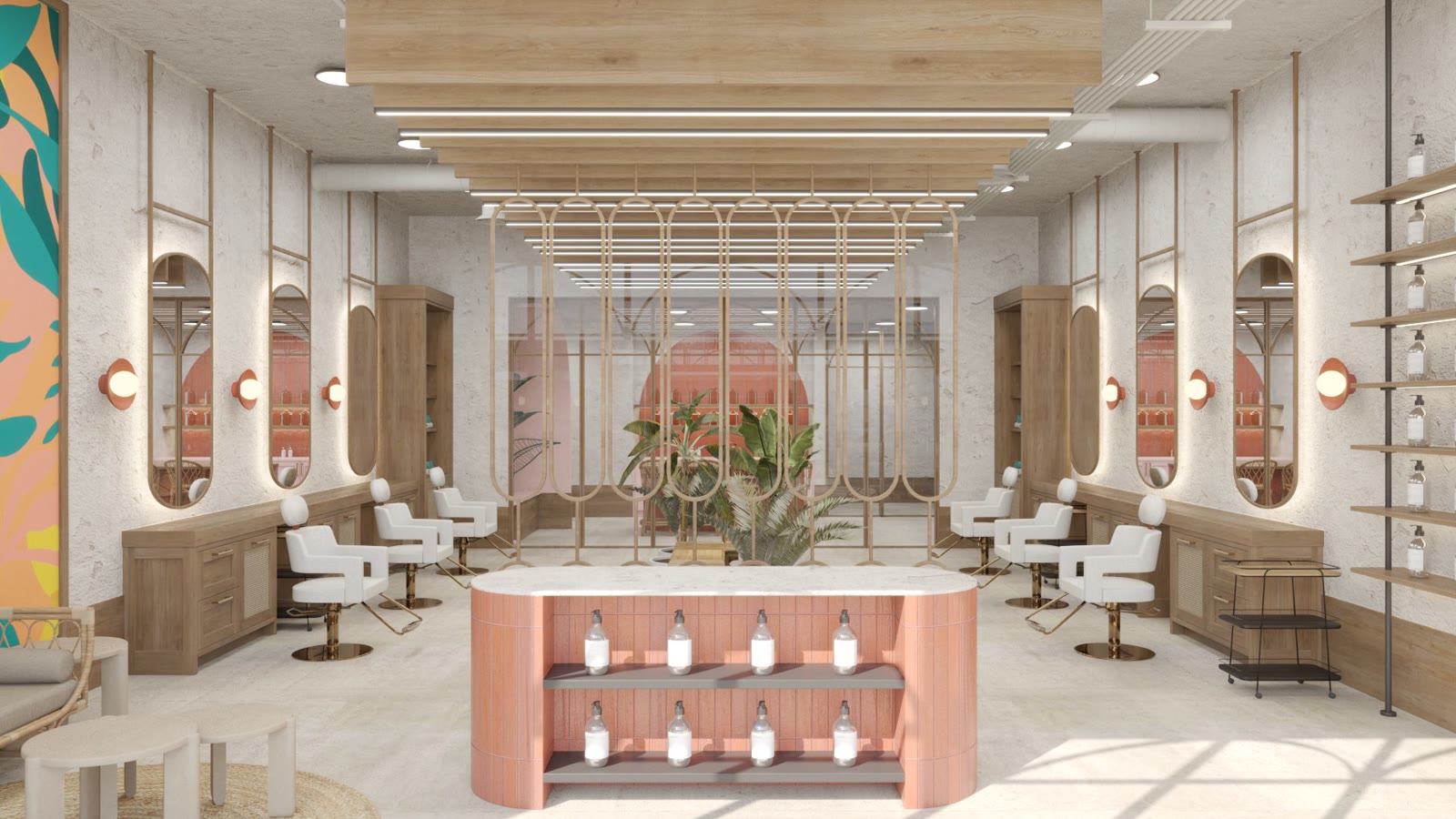 Oasis Face Bar, treatment floor with oval mirrors and a coral service island