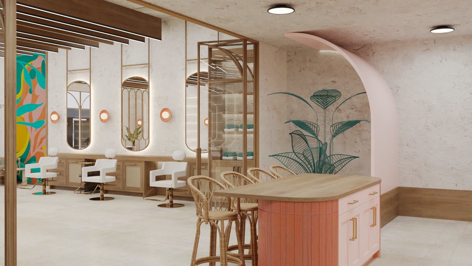 Oasis Face Bar, the bar seating beside the pink arch