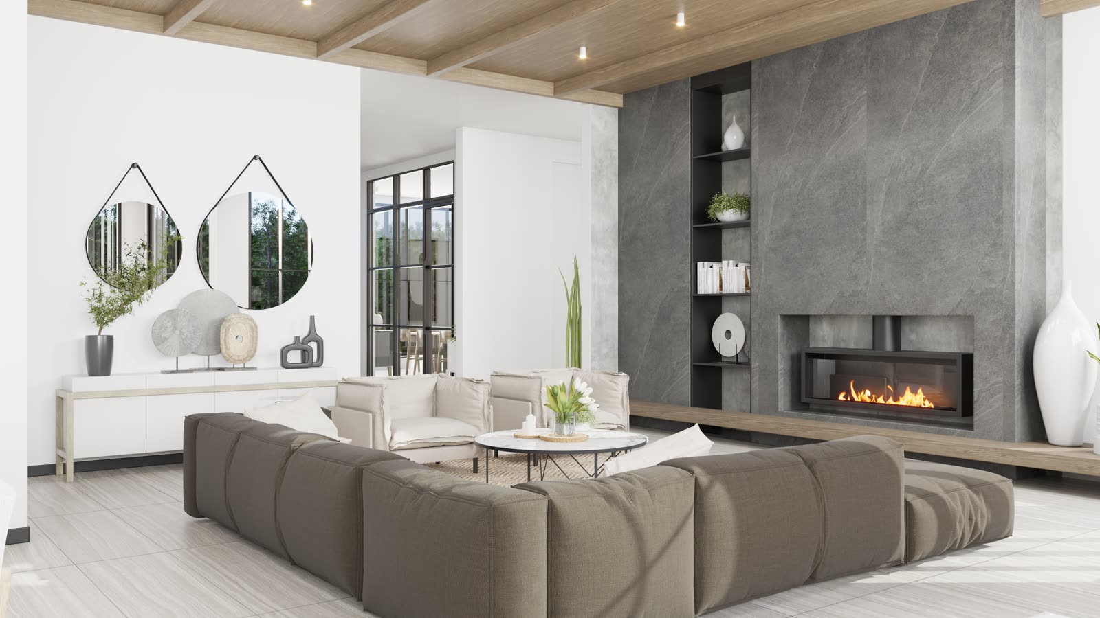 Photoreal rendering of a living room with a stone fireplace wall