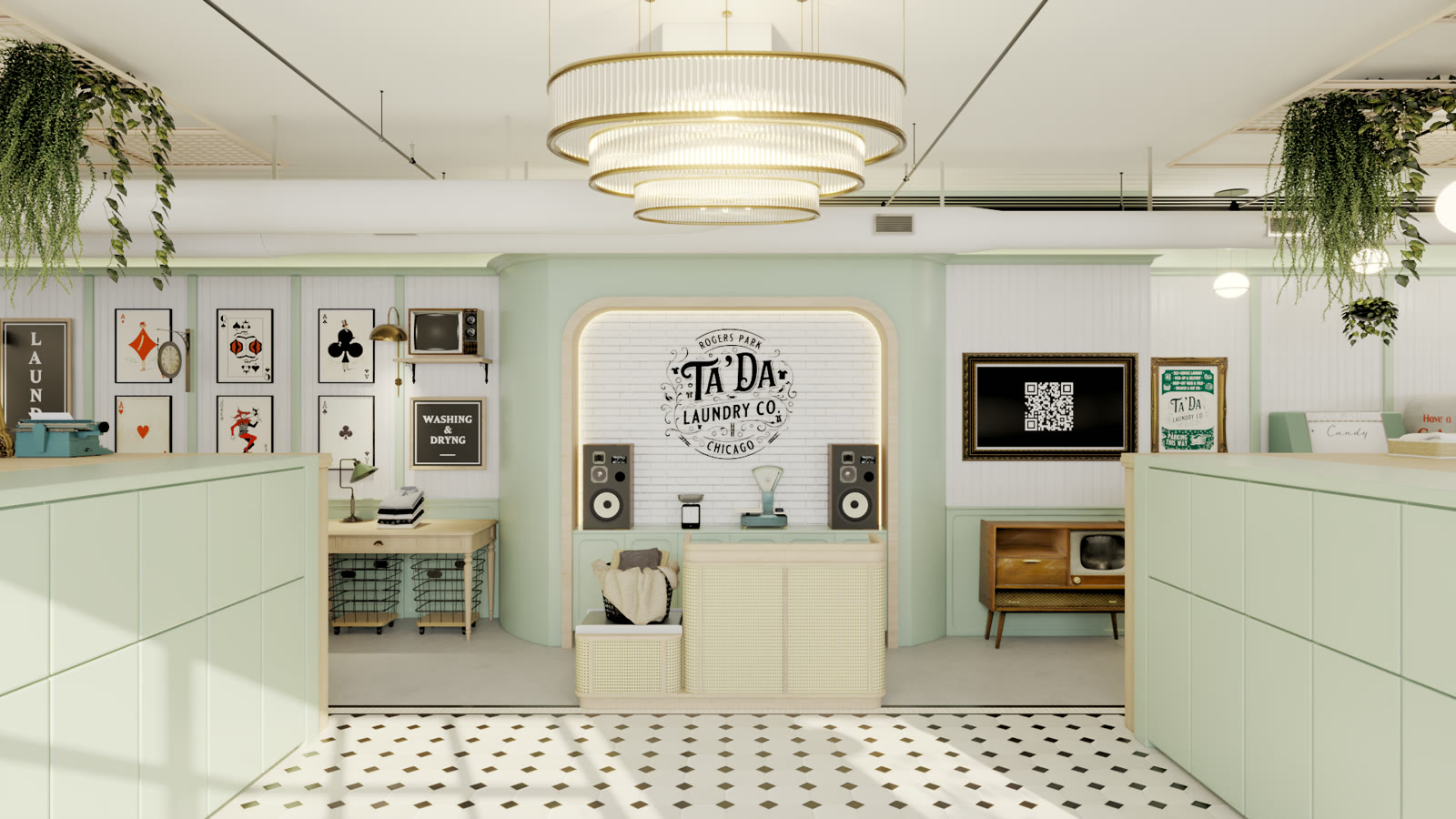 Ta'Da Laundry Chicago, laundromat interior with banked machines and a folding counter