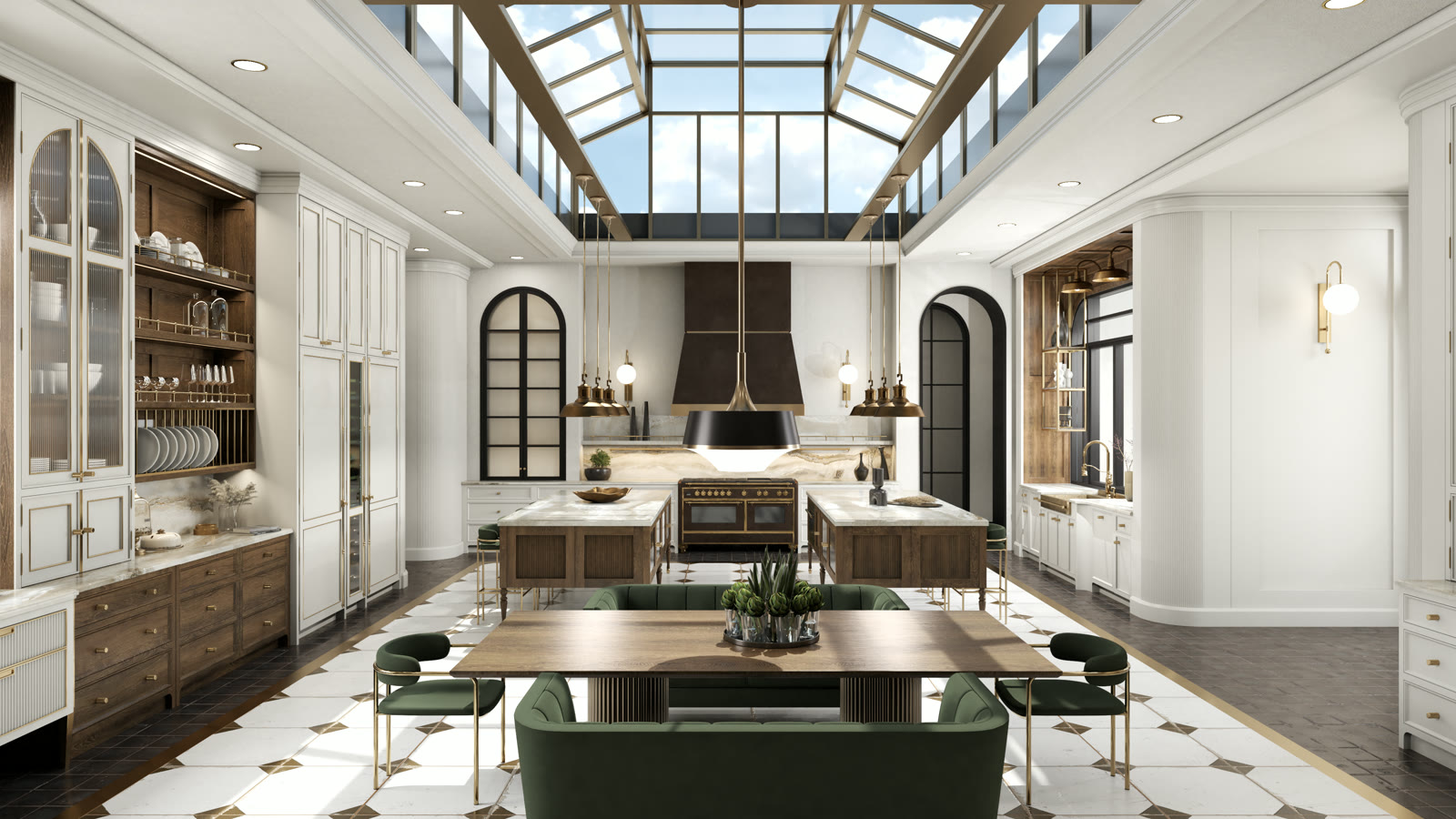 Rendering of the Chapter House kitchen: two walnut islands under a long skylight, arched windows and a patterned tile floor
