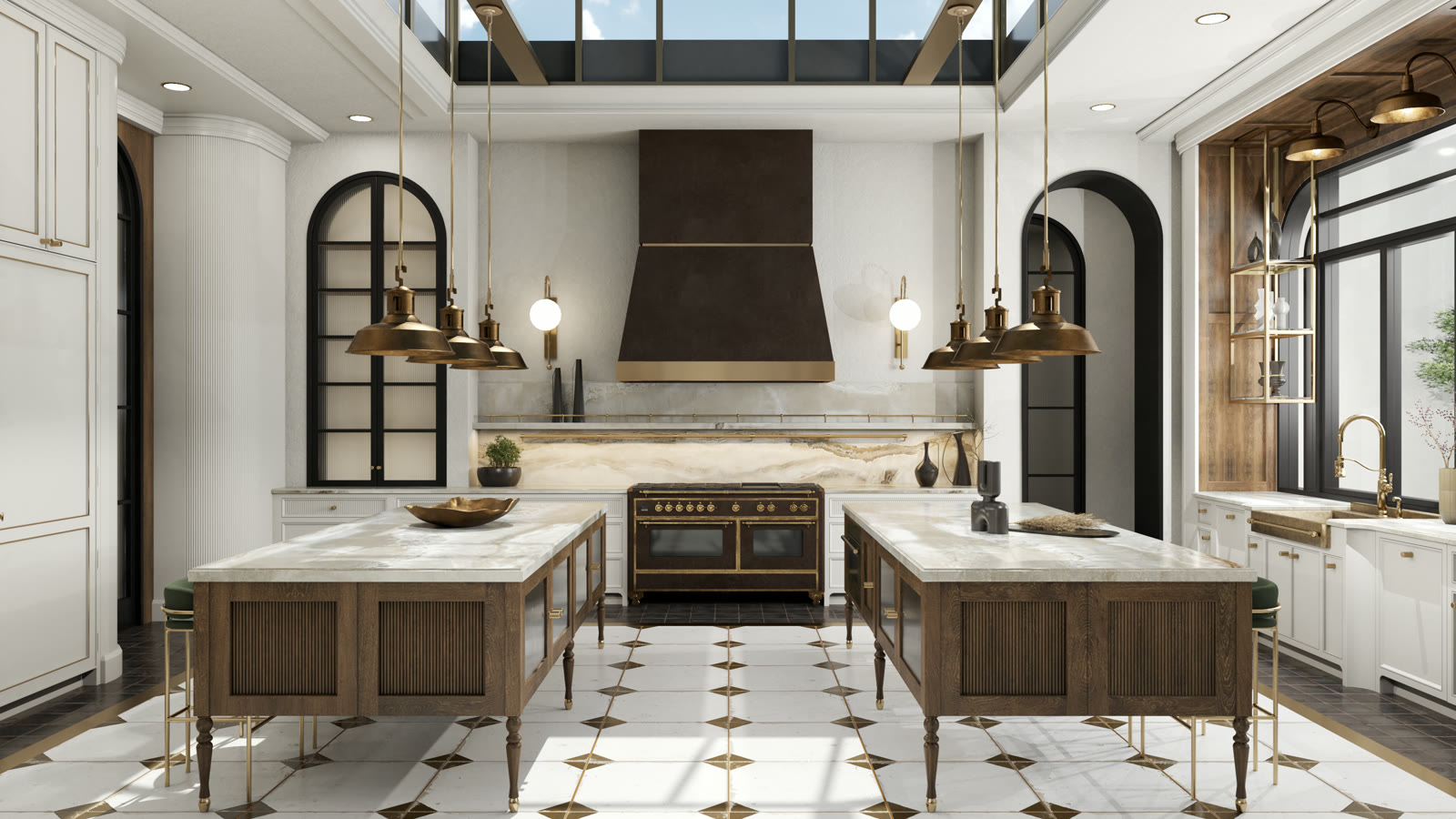 Photoreal rendering of a Victorian kitchen: two walnut islands, a black range hood, arched steel windows and a checkered floor