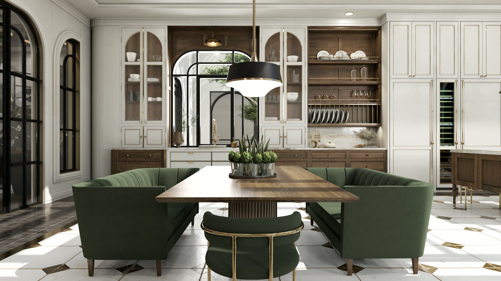 Chapter House, a green velvet banquette around a walnut table under a black and brass pendant