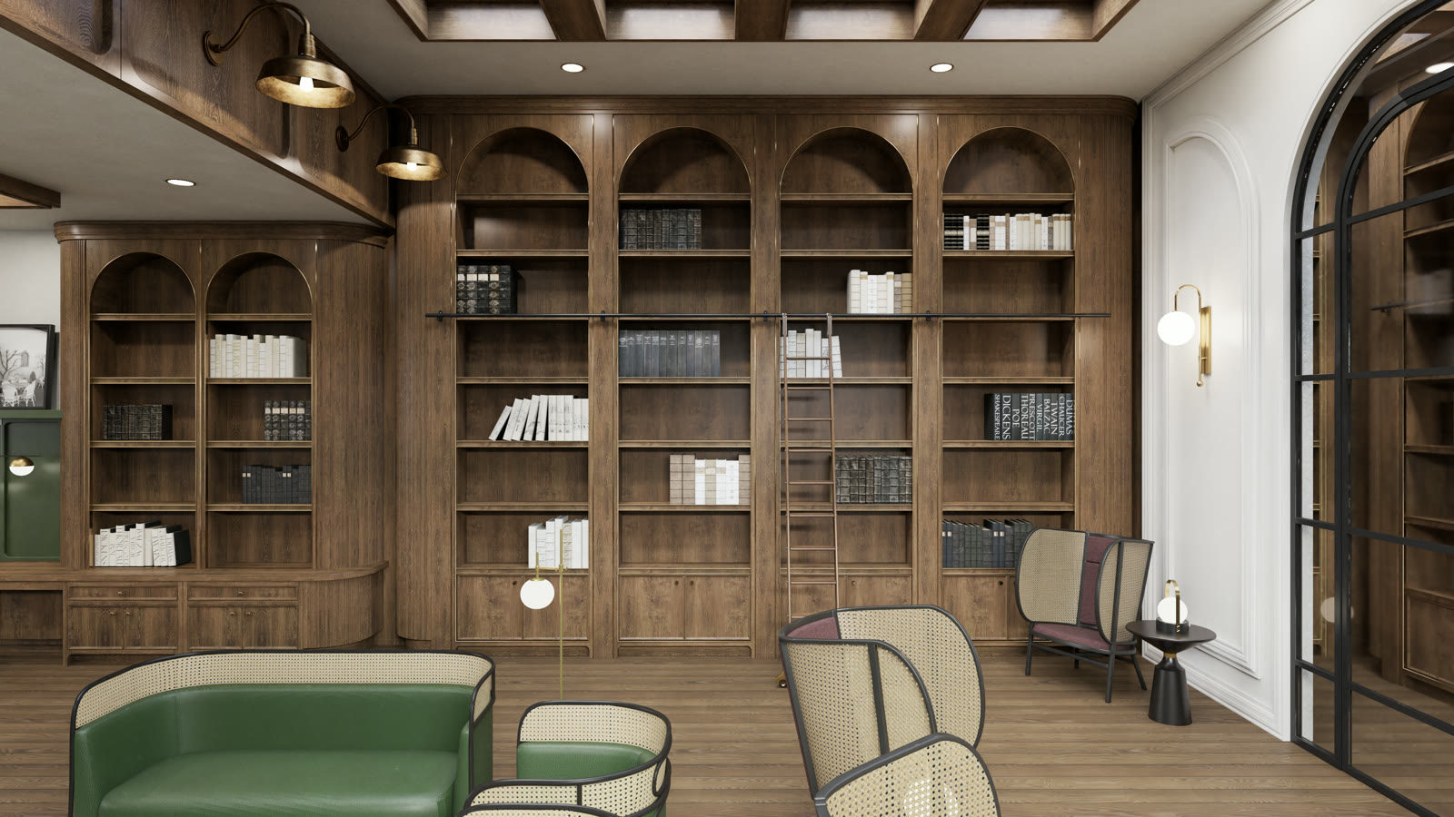 Photoreal rendering of a library: arched walnut bookcases, a rolling ladder, green settees and cane armchairs